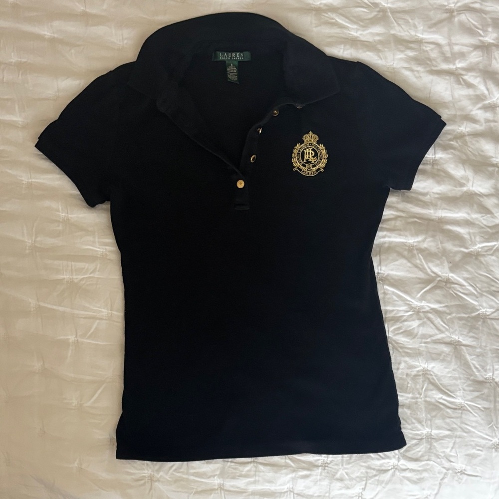 Ralph Lauren 100% Cotton Black Button Down Polo Shirt with Gold Emblem